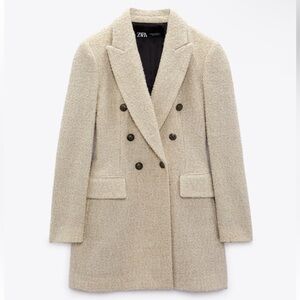 Zara Long Line Wool Blend Tweed/Boucle Style Blazer Jacket Coat in Beige Pink